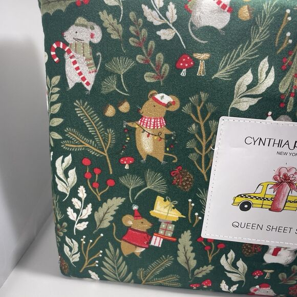 NWT Cynthia Rowley CHRISTMAS MOUSE HOLLY LEAVES DARK Green Queen Size Sheet Set - Picture 2 of 5